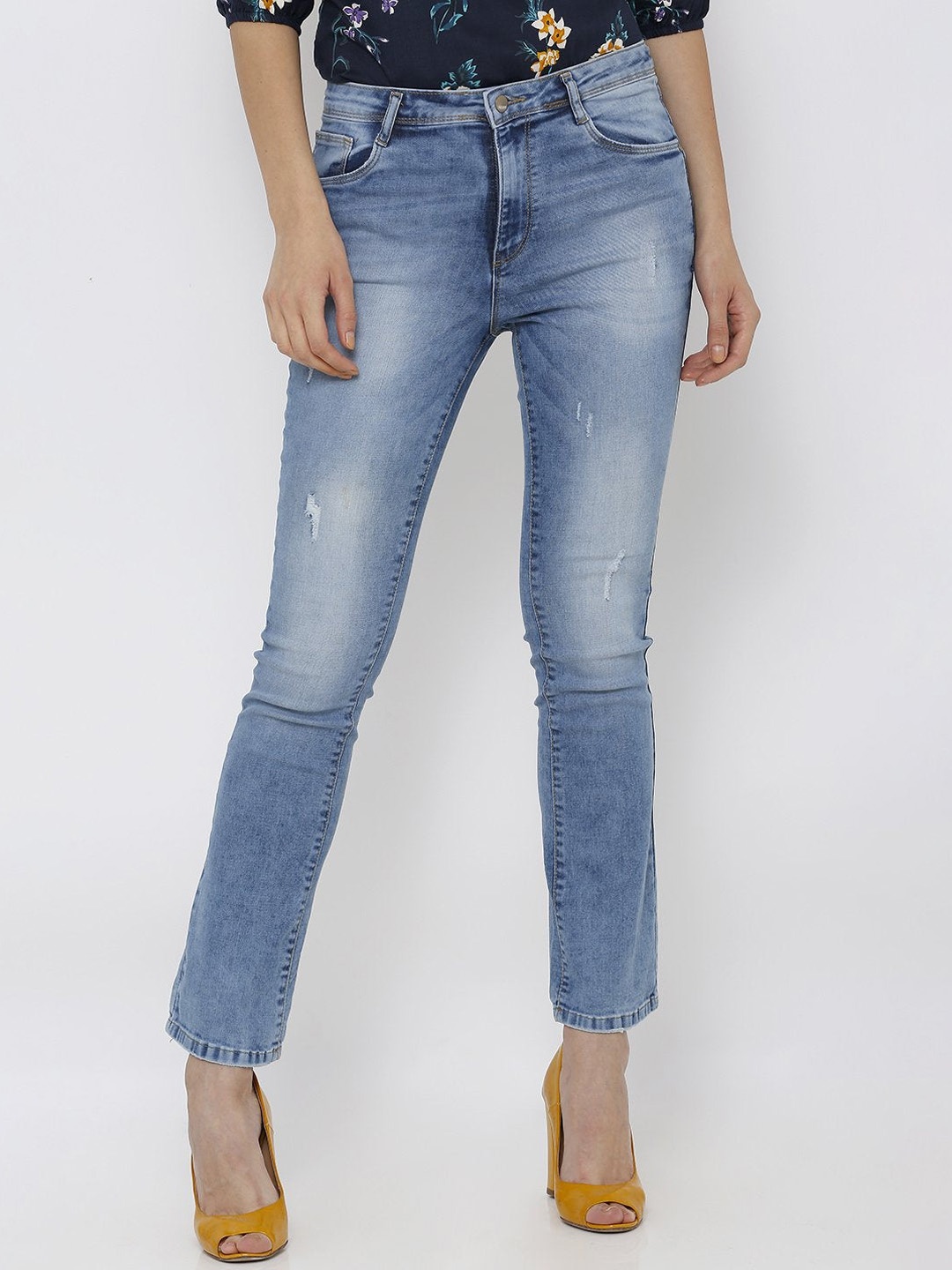 

Kraus Jeans Women High-Rise Mildly Distressed Heavy Fade Slim Fit Jeans, Blue