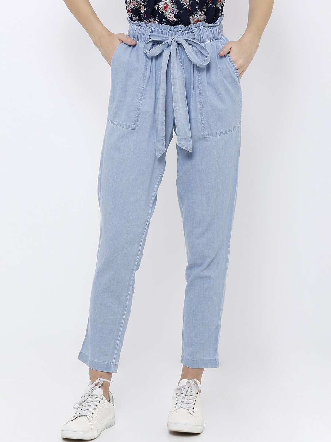 

Kraus Jeans Women Skinny Fit High-Rise Pure Cotton Peg Trousers, Blue