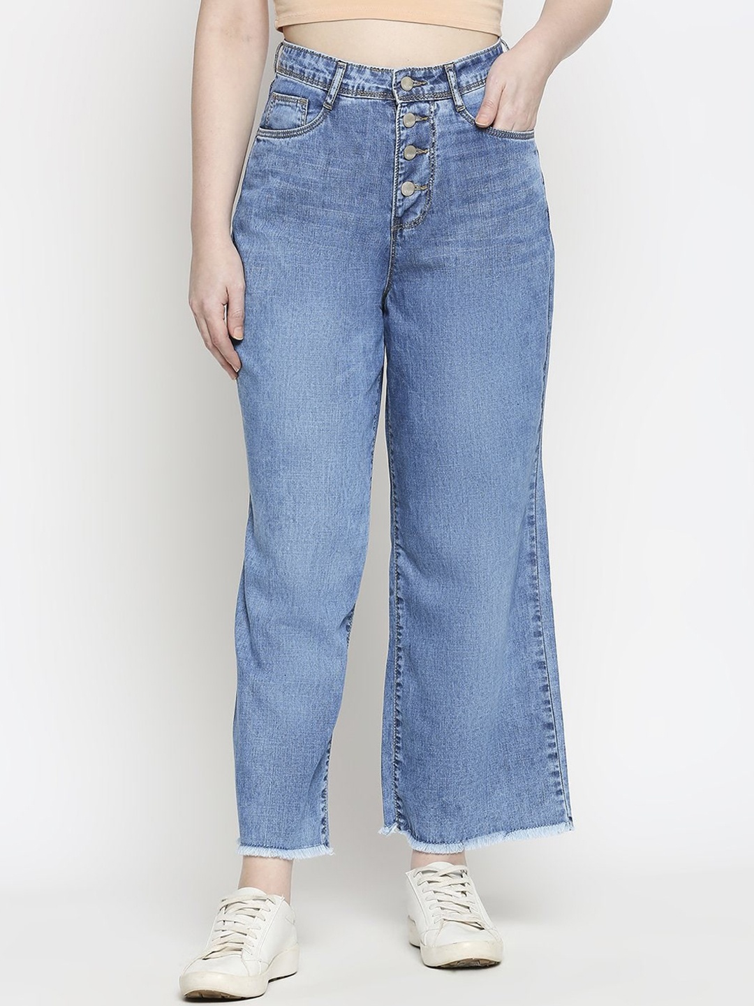 

Kraus Jeans Women Wide Leg High-Rise Pure Cotton Heavy Fade Jeans, Blue
