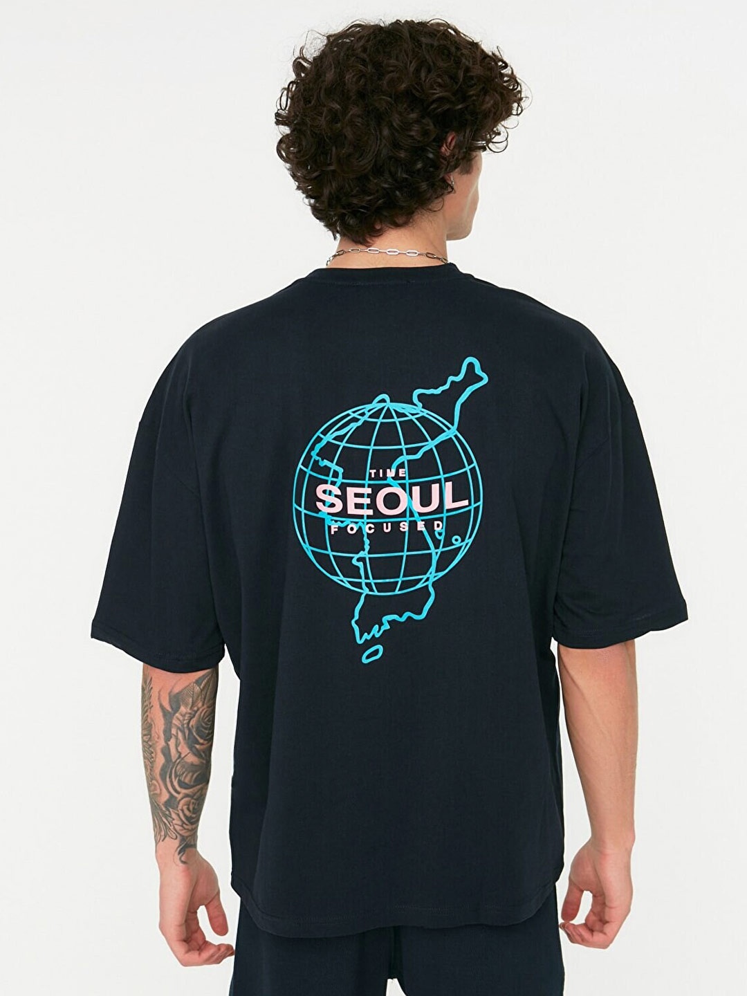 

Trendyol Typography Drop-Shoulder Sleeve Pure Cotton T-shirt, Navy blue