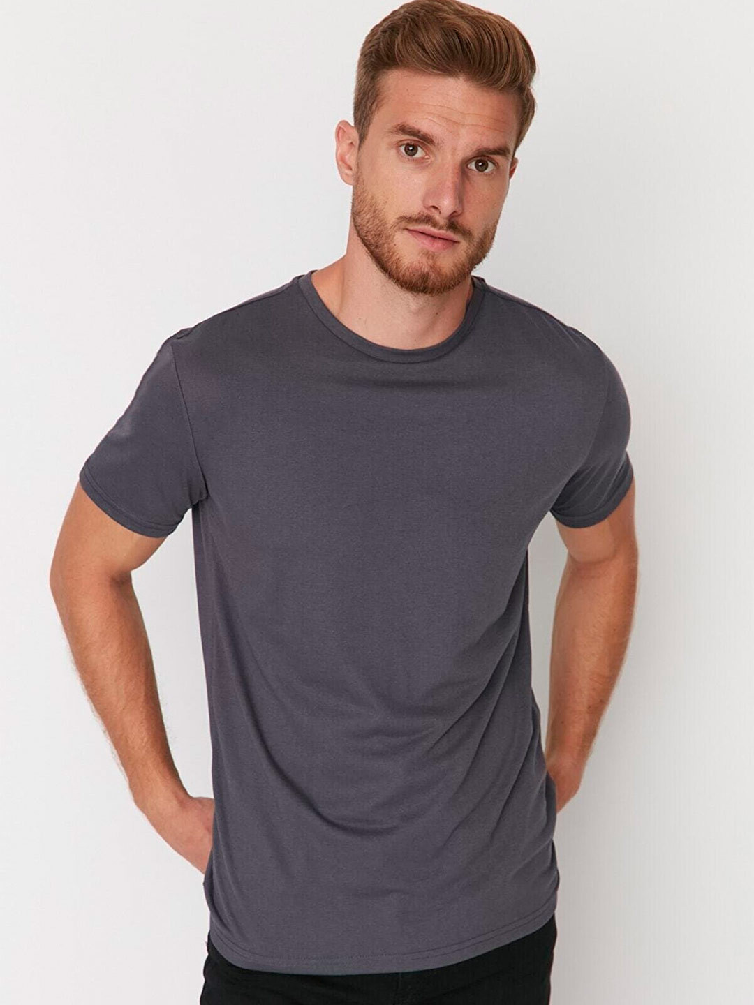 

Trendyol Round Neck Half Sleeve Cotton T-shirt, Grey