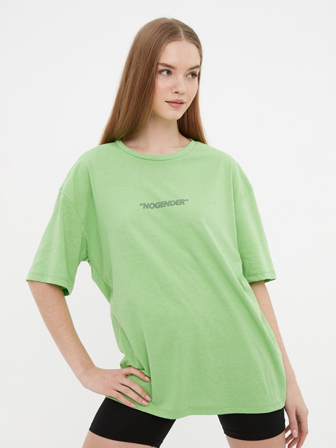

Trendyol Typography Printed Round Collar Drop-Shoulder Sleeves Cotton T-shirt, Green