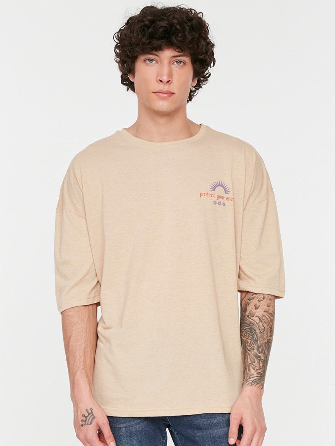 

Trendyol Typography Drop-Shoulder Sleeve Pure Cotton T-shirt, Beige