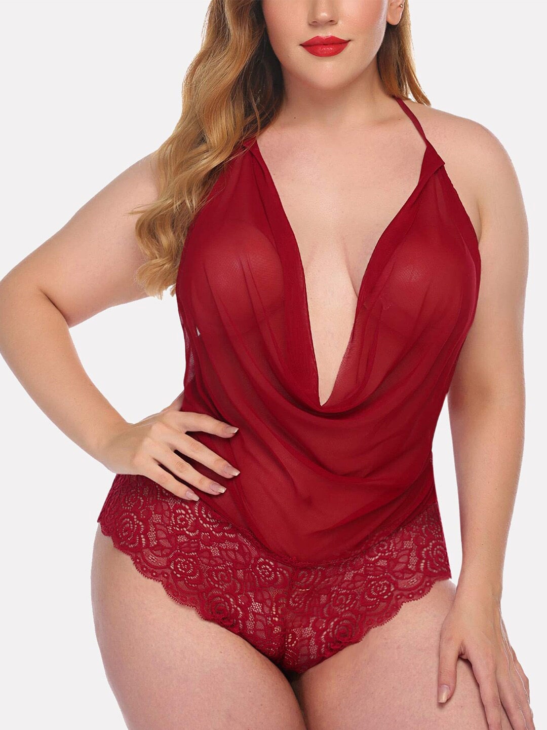 

Krelin Self Design Halter Neck Lace Baby Doll, Maroon