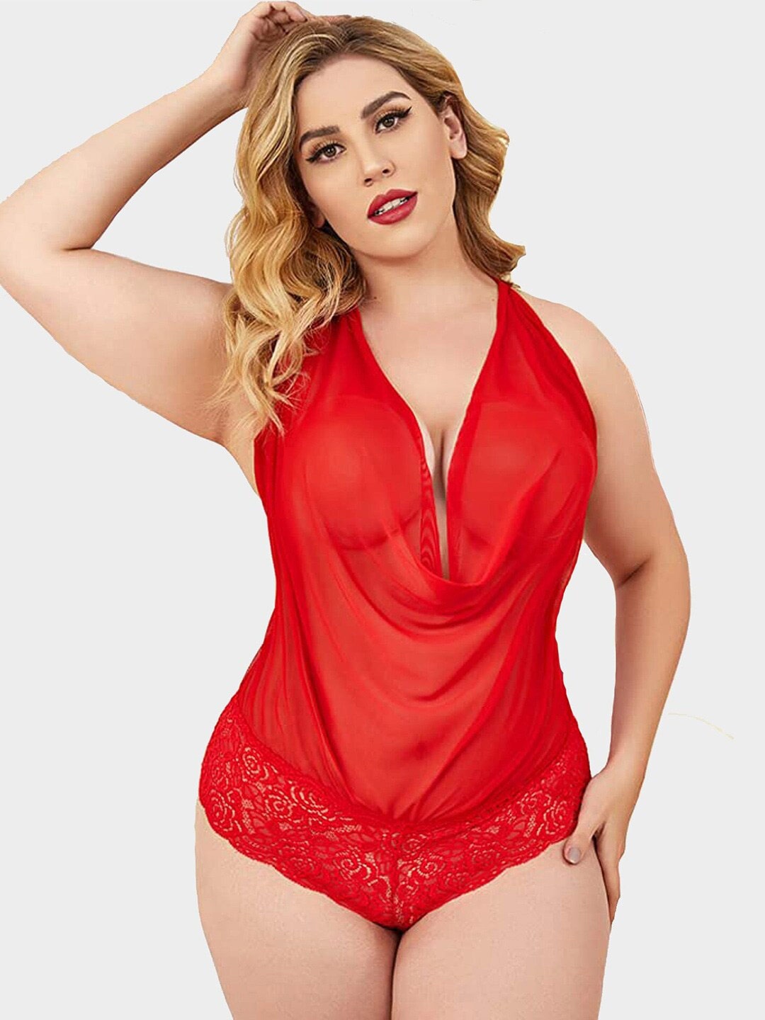 

Krelin Self Design Halter Neck Lace Baby Doll, Red
