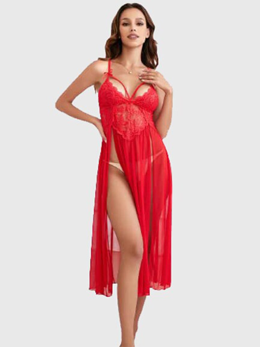

Krelin Self Design Shoulder Straps Lace Baby Doll, Red