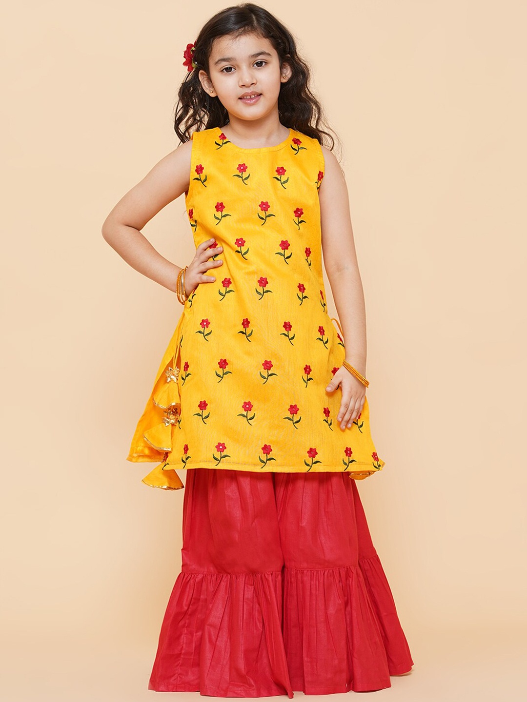 

Bitiya by Bhama Girls Floral Embroidered Chanderi Silk Kurta with Sharara, Yellow