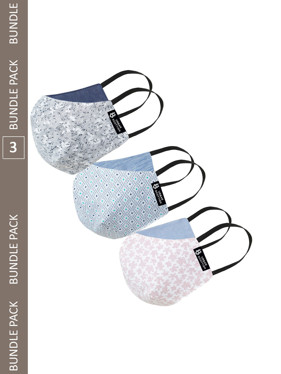 

URBAN SCOTTISH Pack Of 3 Printed Cotton Reusable Cloth Masks, Blue