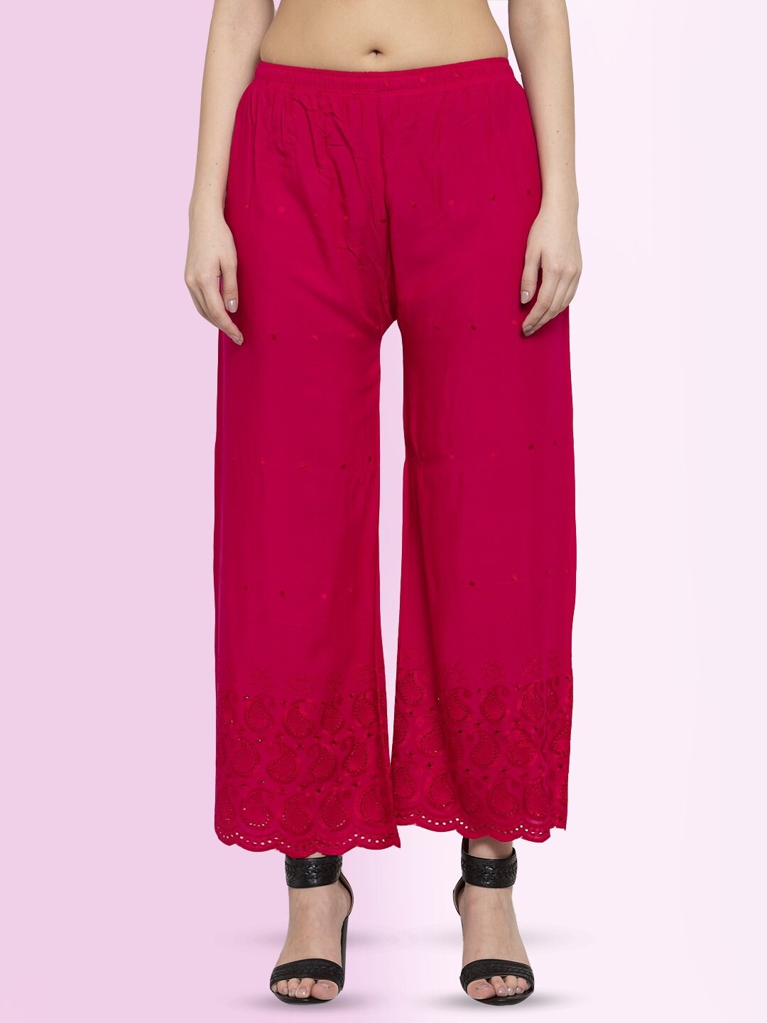 

borse lele Women Paisley Embroidered Georgette Straight Fit Palazzos, Pink
