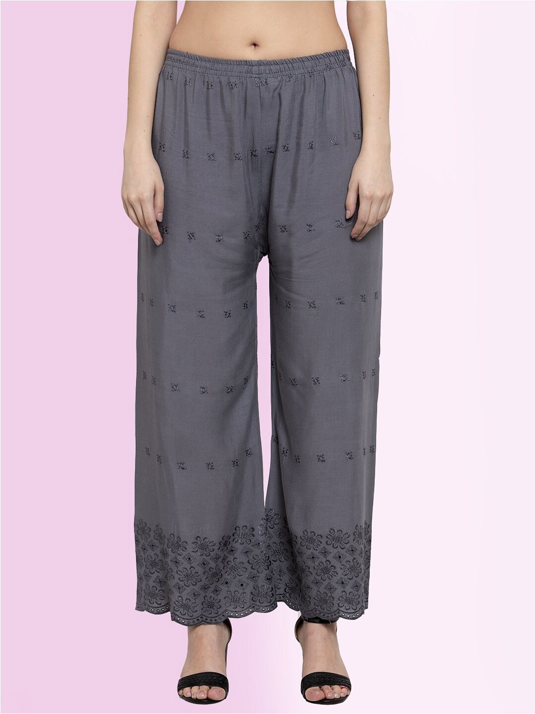 

borse lele Women Floral Embroidered Georgette Straight Fit Palazzos, Grey