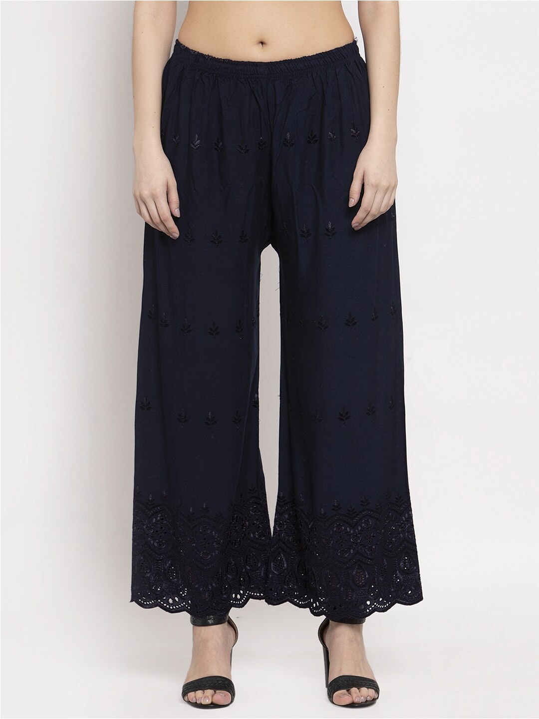 

borse lele Women Floral Embroidered Georgette Straight Fit Palazzos, Navy blue