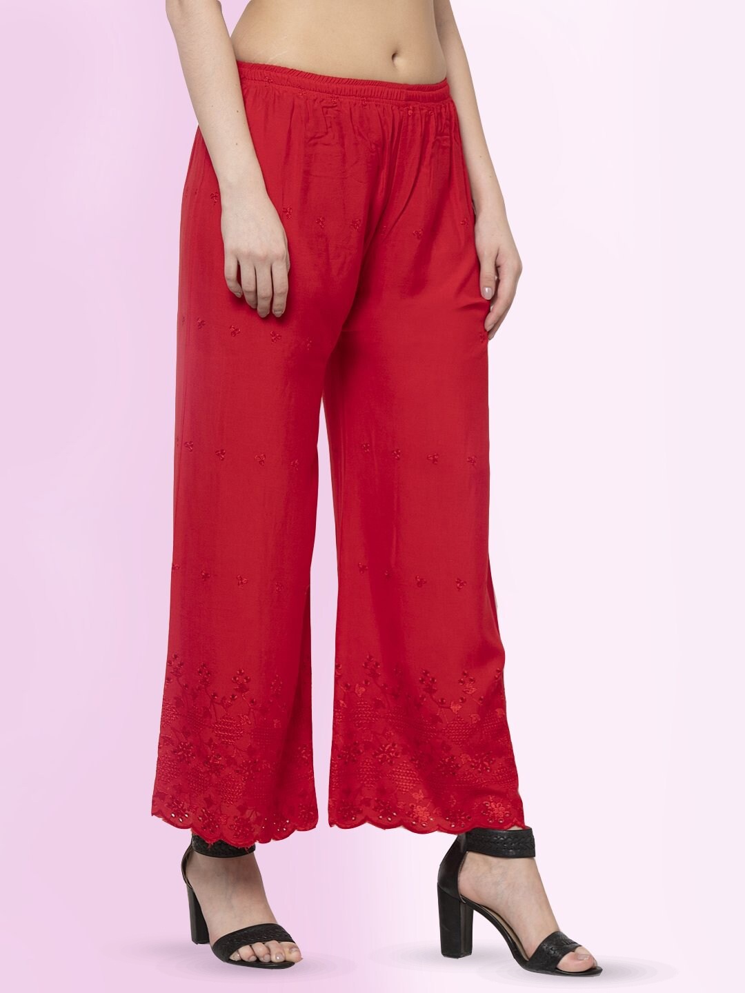 

borse lele Women Floral Embroidered Georgette Straight Fit Palazzos, Red