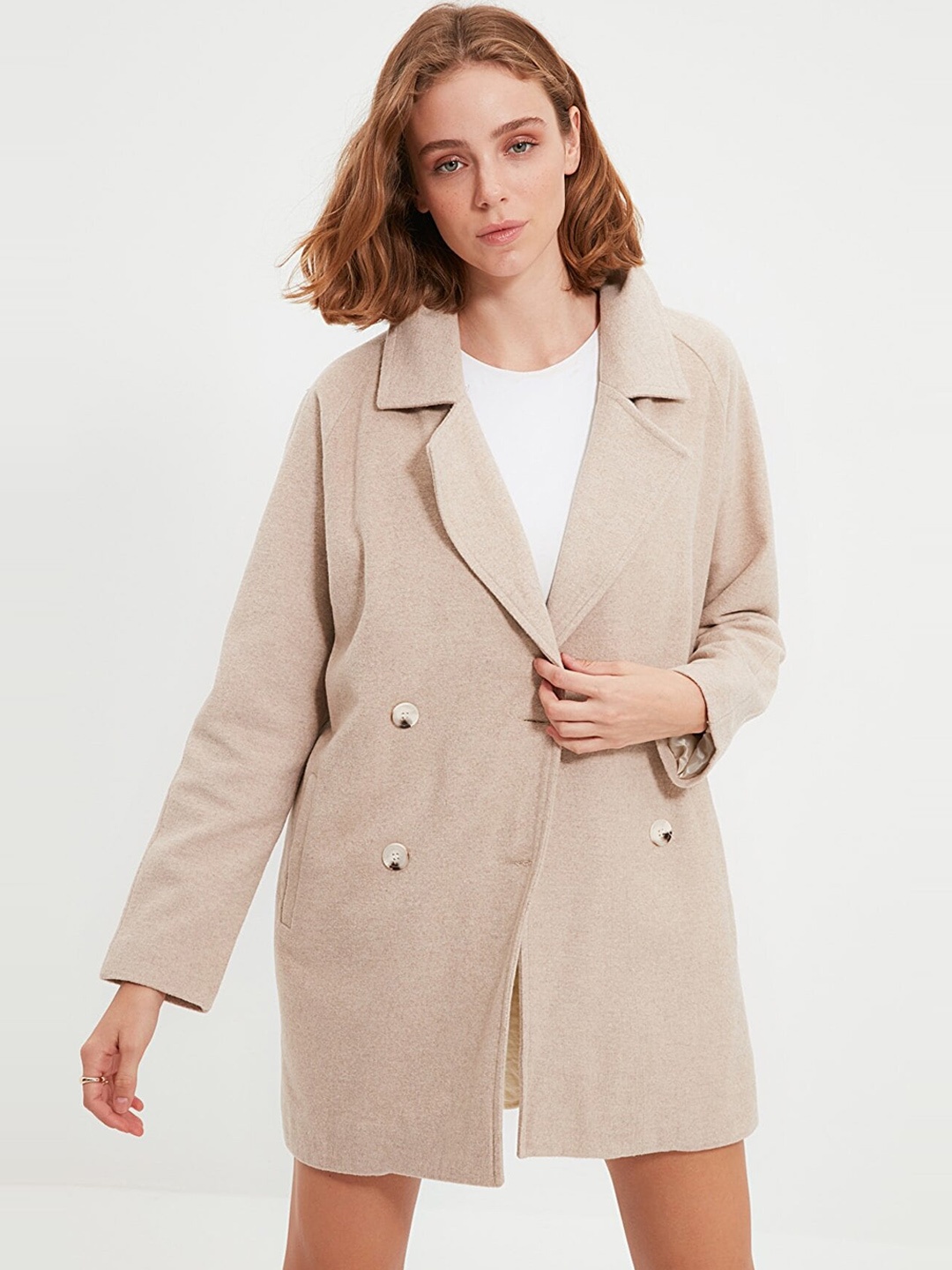 

Trendyol Notched Lapel Collar Longline Overcoat, Beige