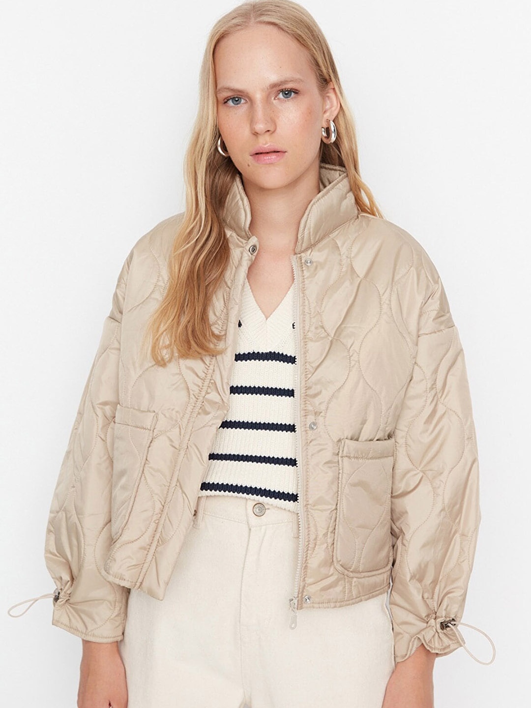 

Trendyol Mock Collar Quilted Jacket, Beige