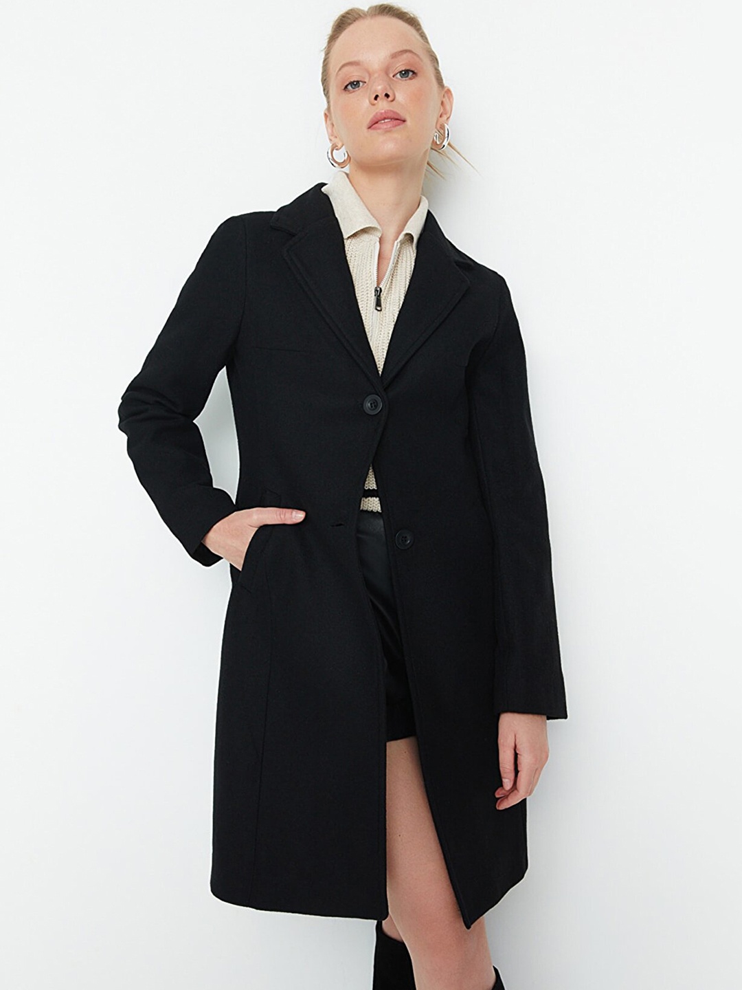 

Trendyol Women Single-Breasted Longline Overcoat, Black