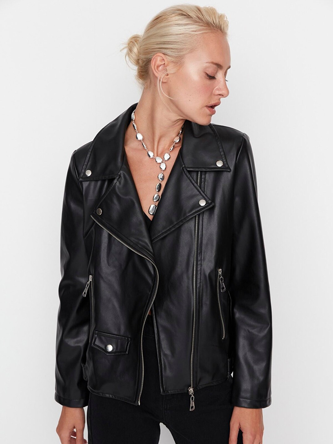 

Trendyol Lapel Collar Biker Jacket With Rivets, Black