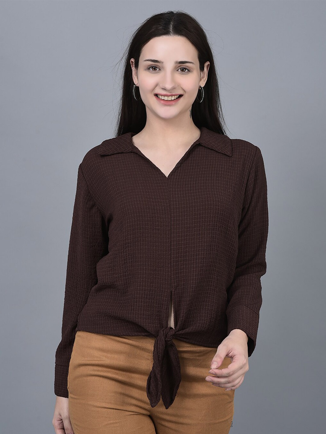 

CANOE Spread Collar Tie-Up Detail Shirt Style Dobby Top, Brown