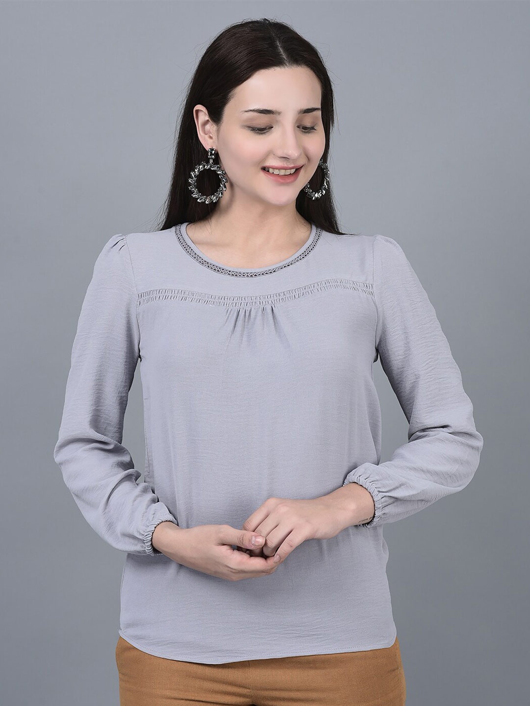 

CANOE Puff Sleeves Smocking Top, Grey