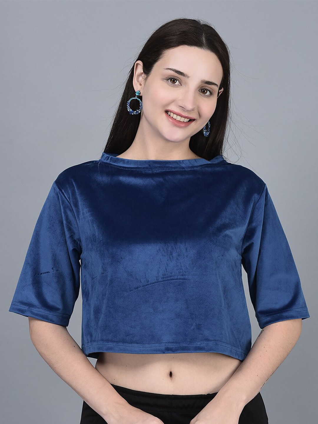 

CANOE Boat Neck Half Sleeve Velvet Crop Top, Blue