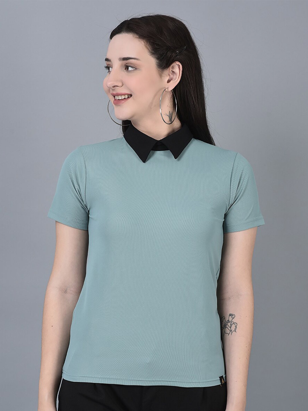 

CANOE Contrast Shirt Collar Half Sleeve Fitted Top, Grey