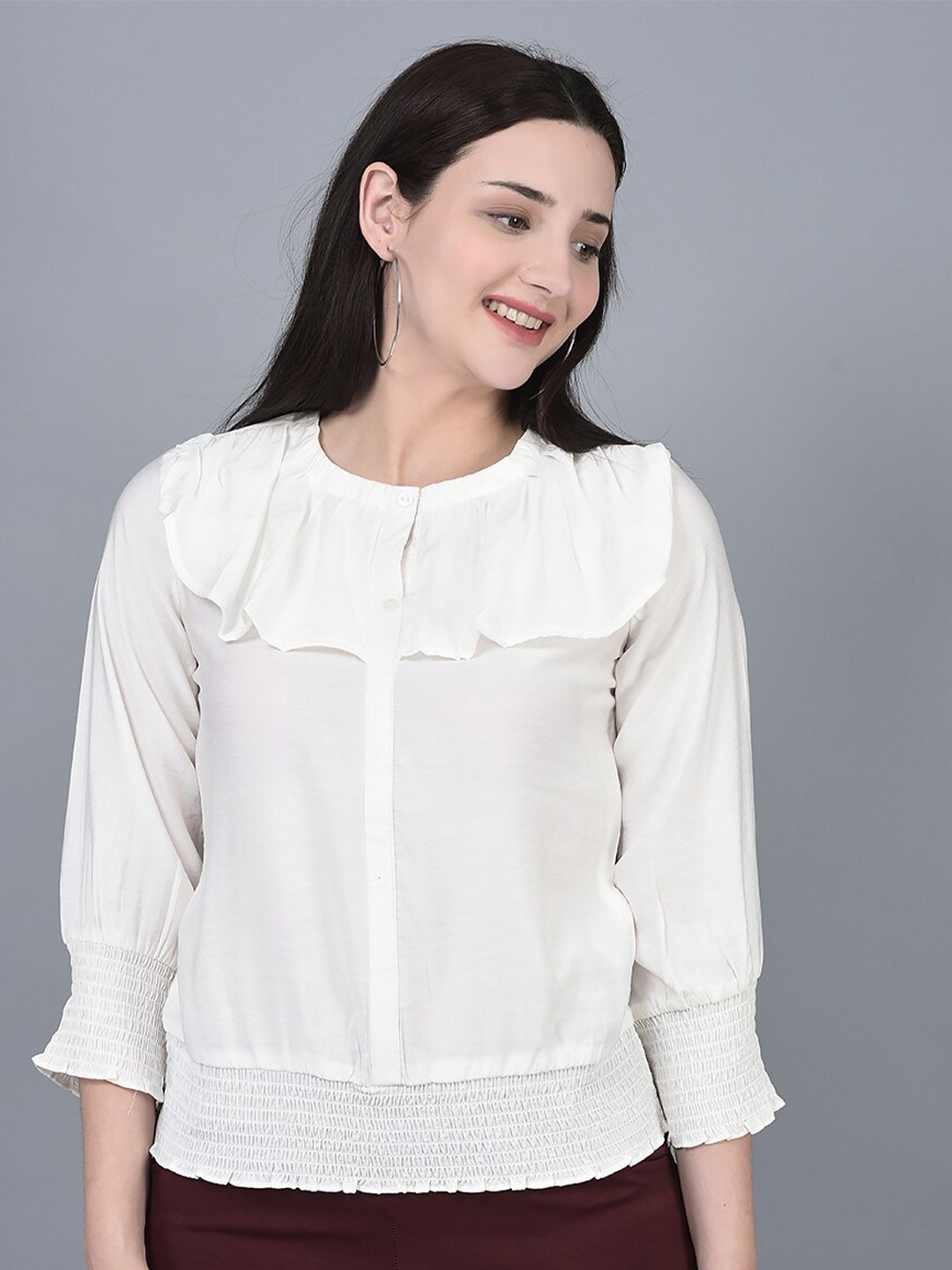 

CANOE Ruffled Neck Smocked Detail Blouson Top, White