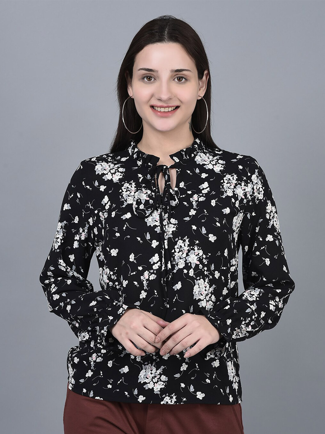 

CANOE Floral Print Tie-Up Neck Cuffed Sleeve Top, Black