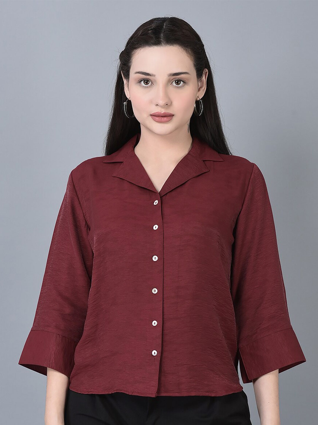 

CANOE Notched Lapel Collar Cuffed Sleeves Shirt Style Top, Maroon