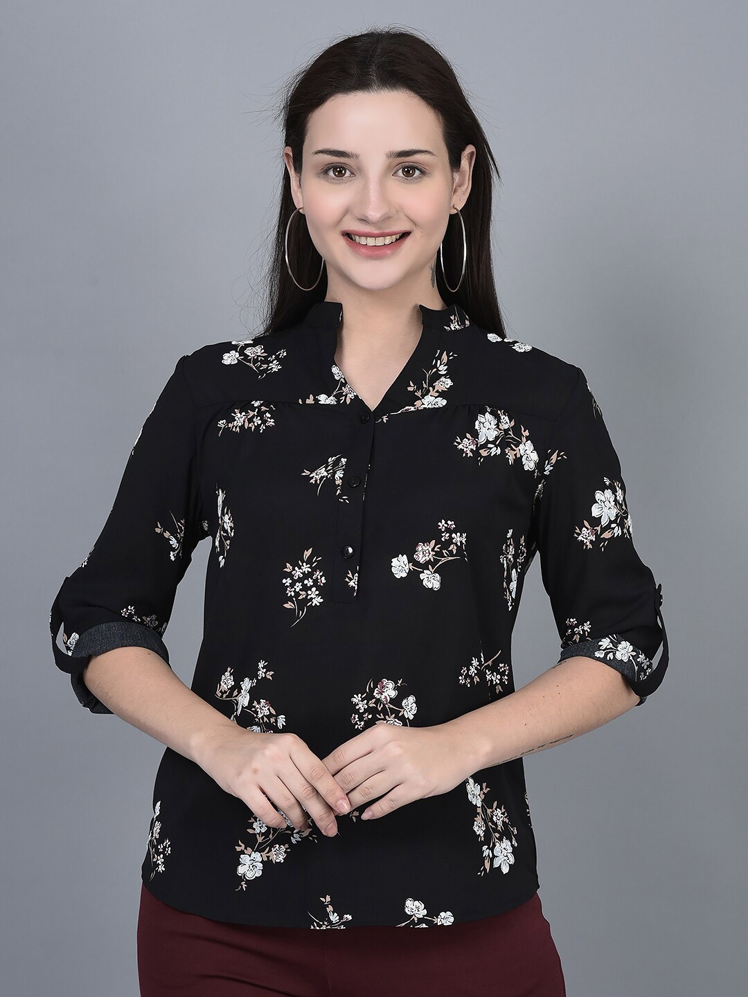 

CANOE Floral Printed Mandarin Collar Roll-Up sleeves Shirt Style Top, Black