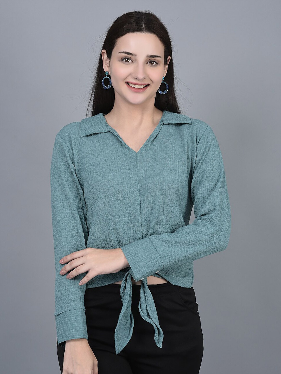 

CANOE Spread Collar Tie-Up Detail Shirt Style Dobby Top, Green