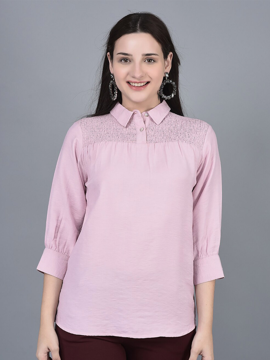 

CANOE Shirt Collar Smocked Detail Shirt Style Top, Pink