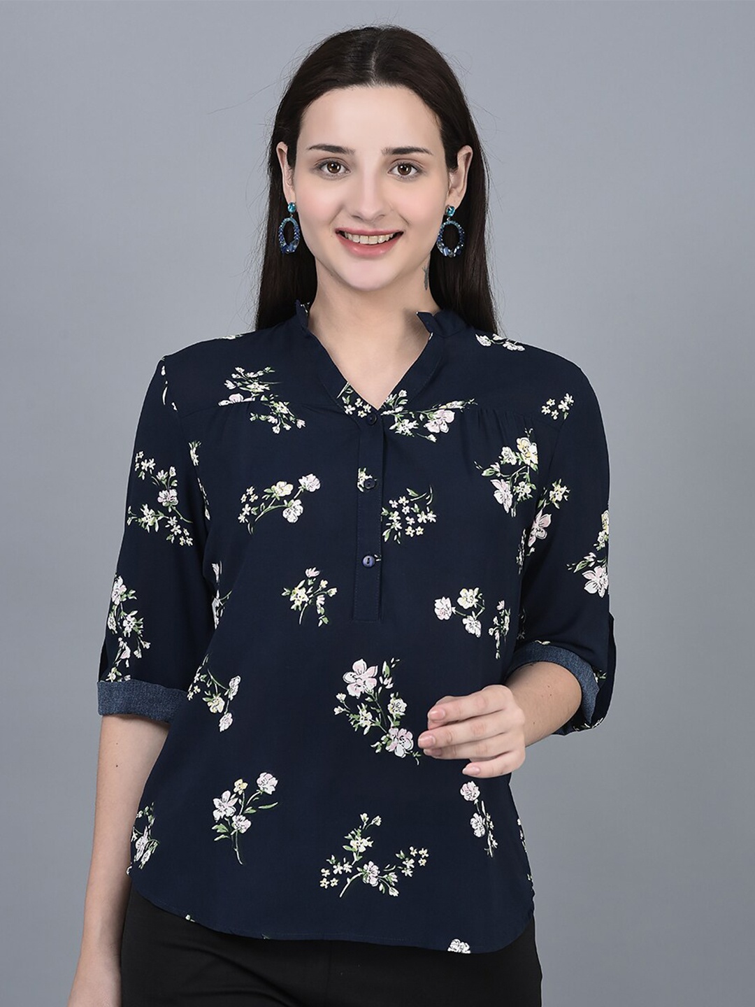 

CANOE Floral Printed Mandarin Collar Roll-Up sleeves Shirt Style Top, Navy blue