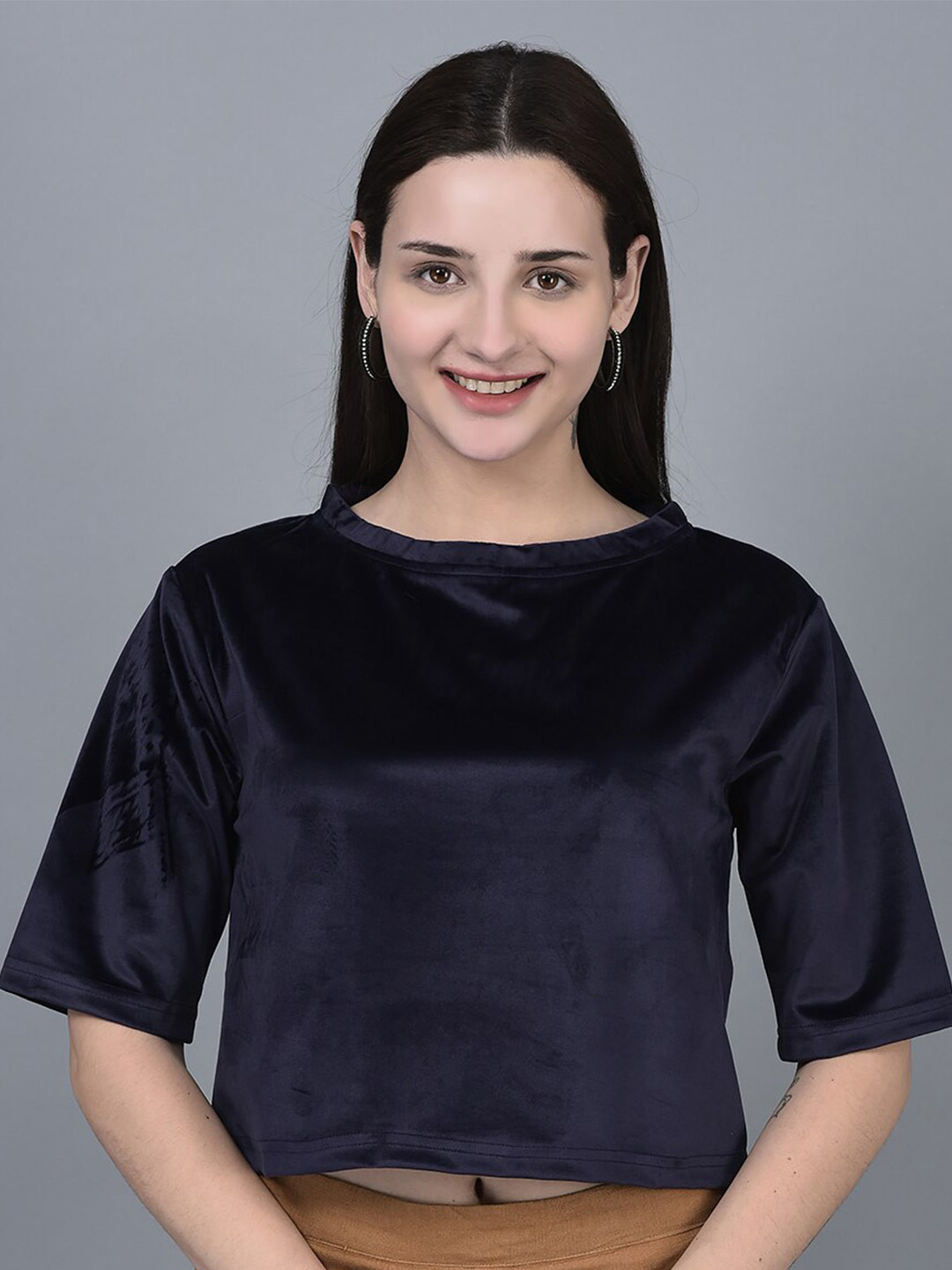 

CANOE Round Neck Velvet Crop Top, Purple