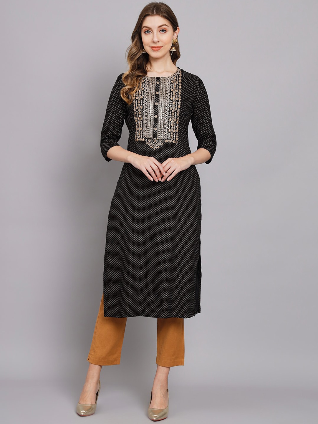 

KALINI Ethnic Motifs Printed Thread Work Kurta, Black