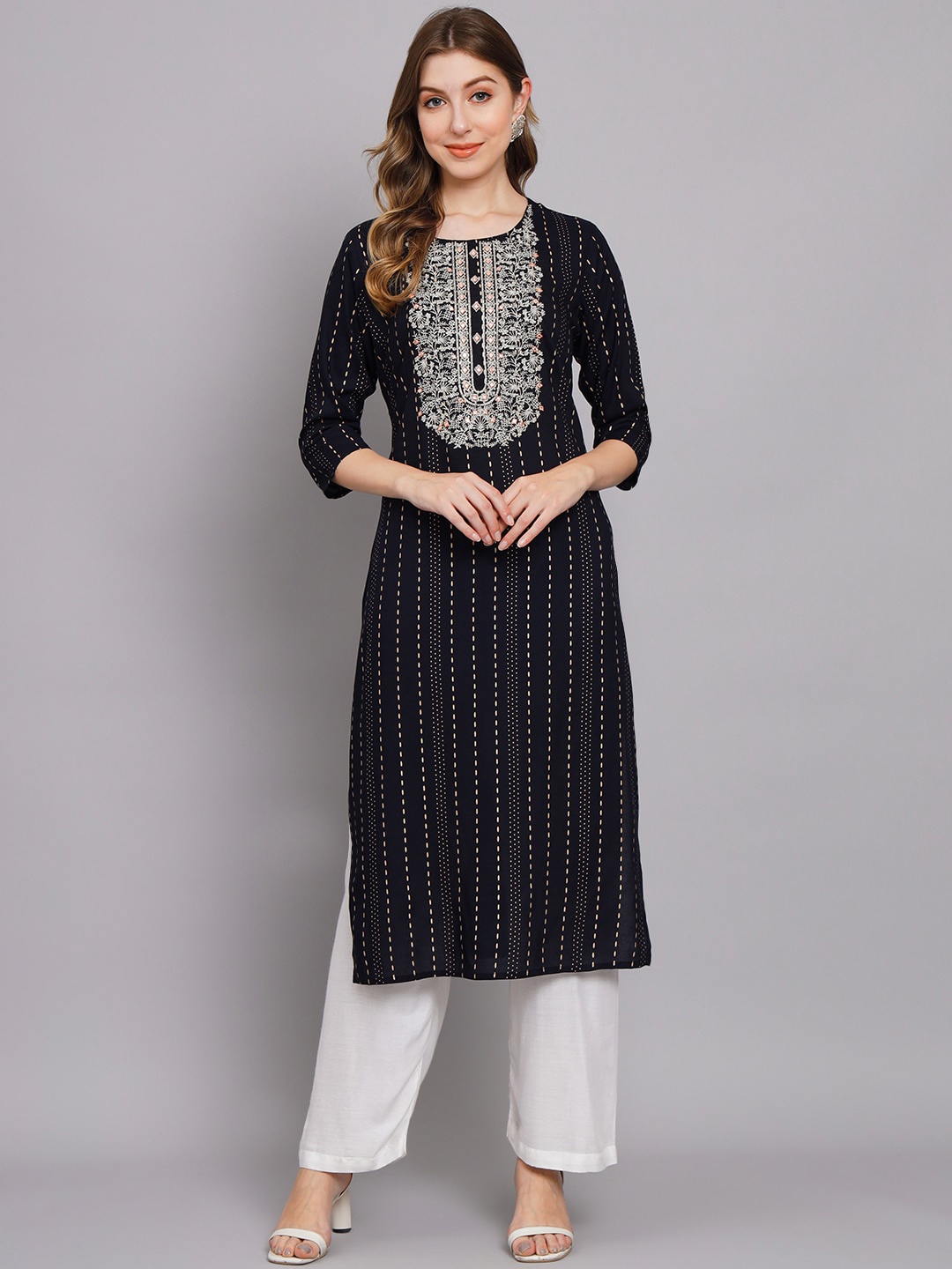 

KALINI Stripes Printed Thread Work Straight Kurta, Navy blue
