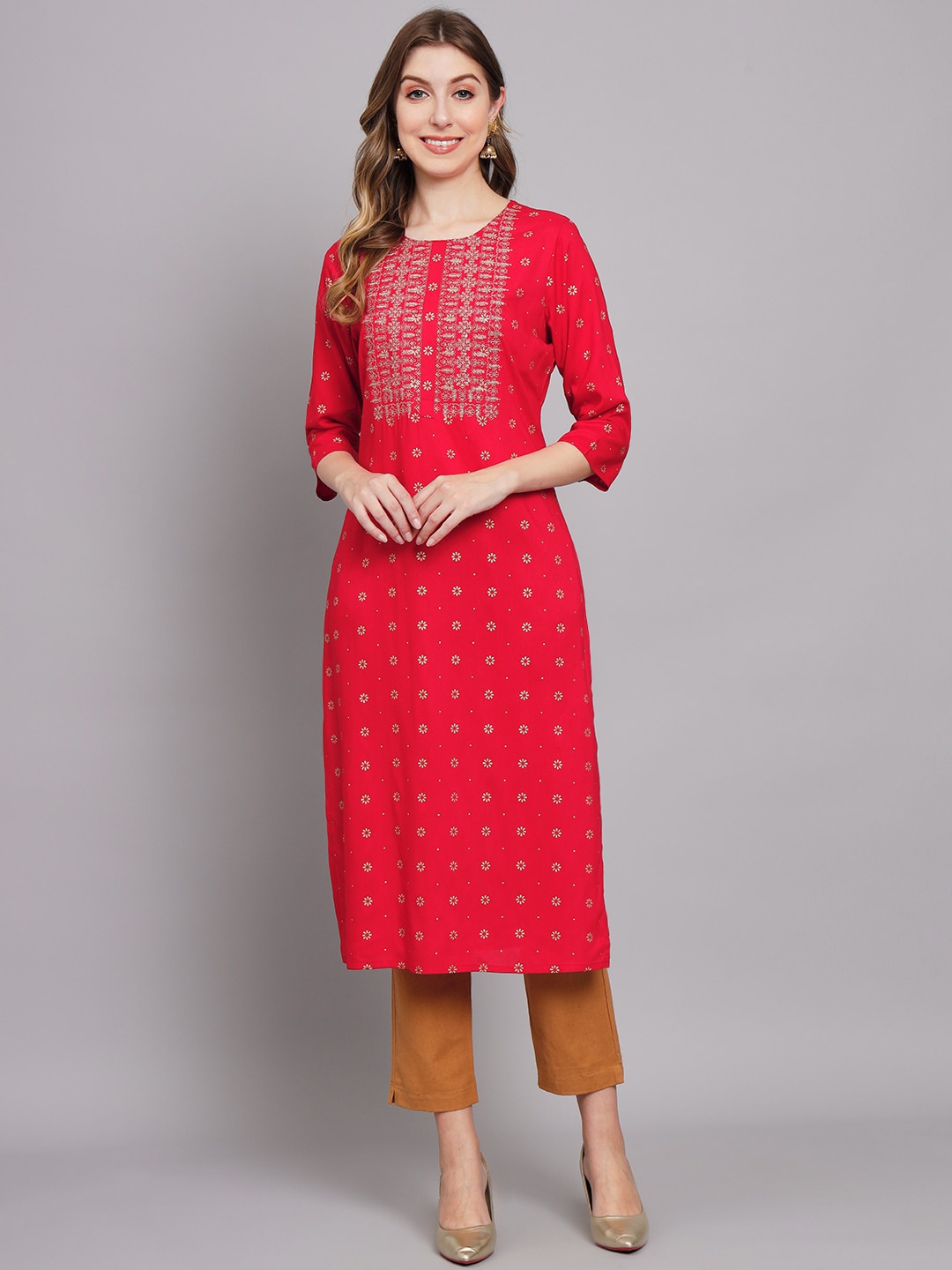 

KALINI Ethnic Motifs Printed Thread Work Floral Kurta, Red