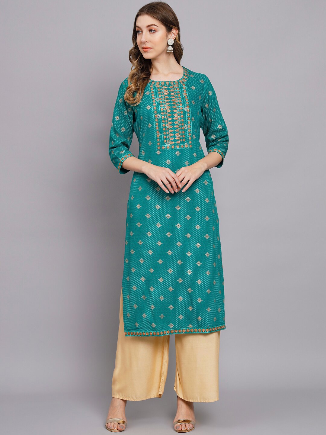 

KALINI Ethnic Motifs Printed Thread Work Kurta, Turquoise blue