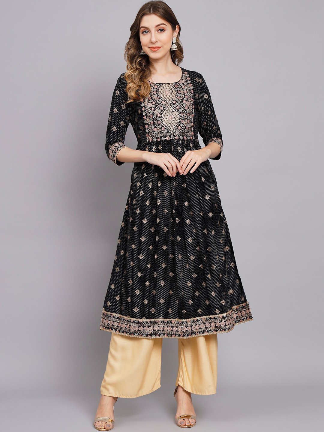 

KALINI Ethnic Motifs Printed Sequinned Anarkali Kurta, Black