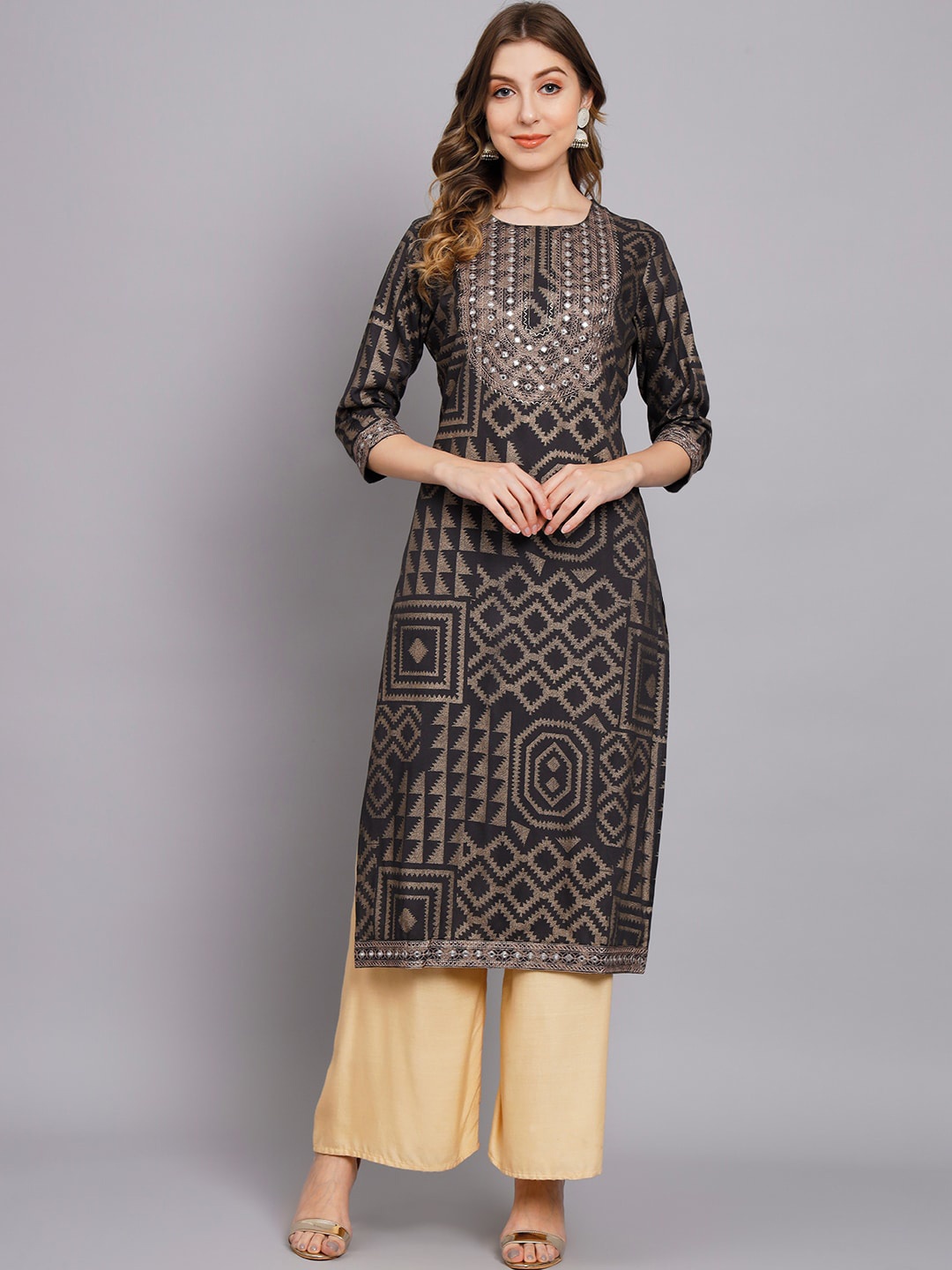 

KALINI Ethnic Motifs Printed Sequinned Kurta, Grey
