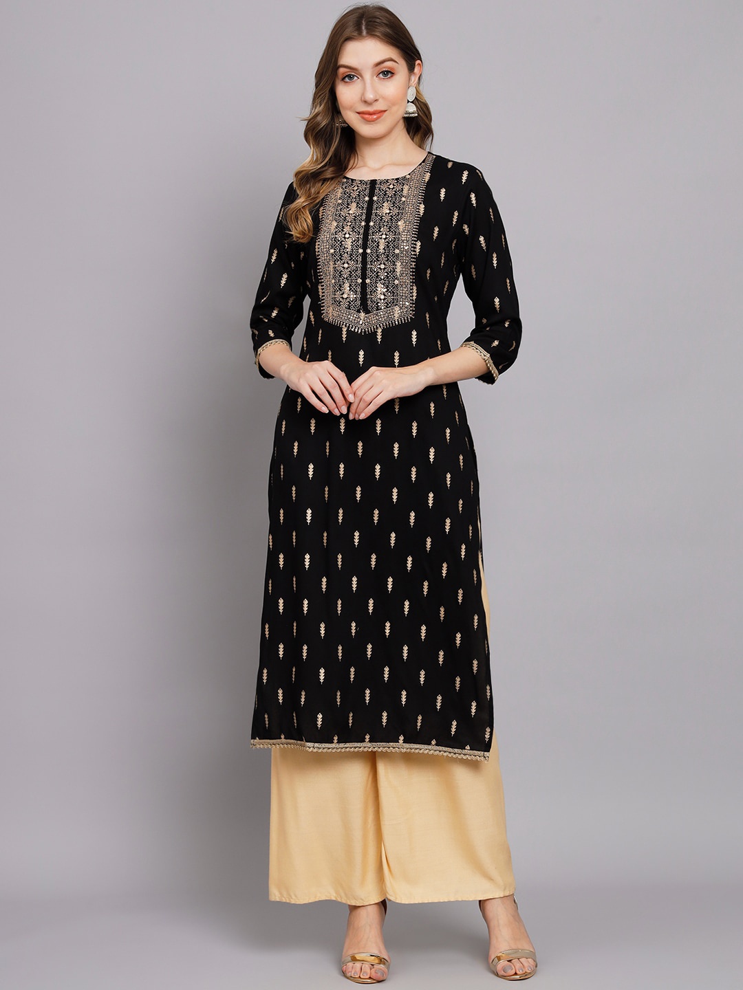 

KALINI Ethnic Motifs Embroidered Regular Straight Kurta, Black