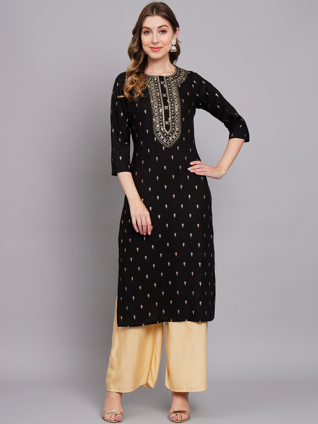 

KALINI Ethnic Motifs Printed Sequinned Floral Kurta, Black