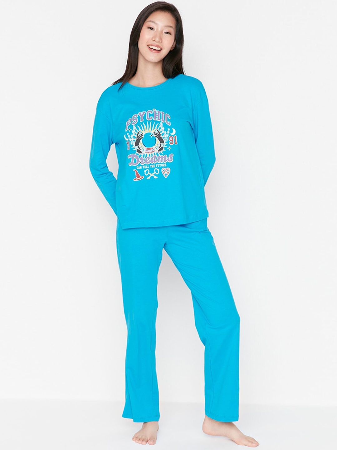 

Trendyol Typography Printed Pure Cotton Night Suit, Blue