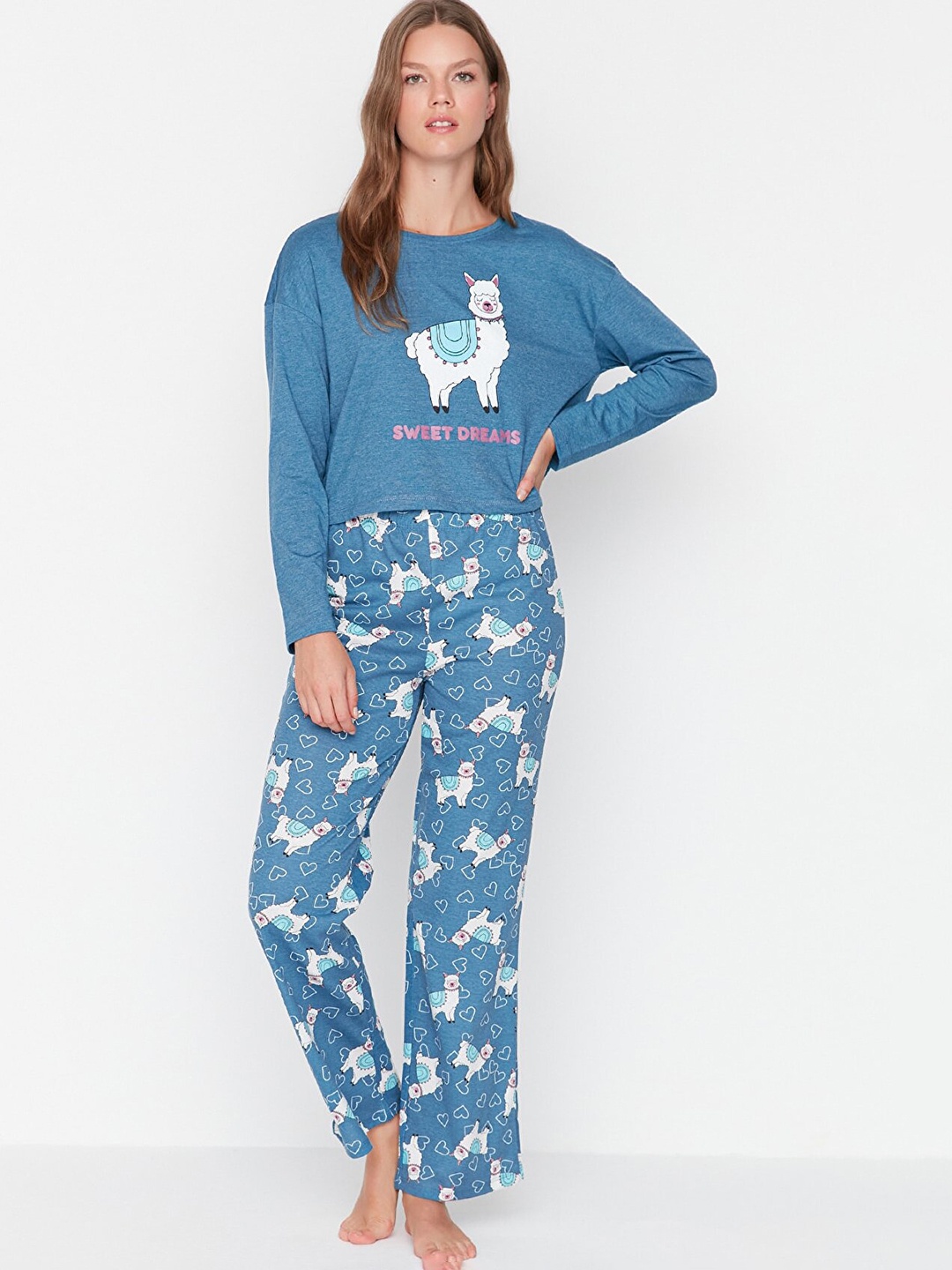 

Trendyol Round Neck Graphic Printed Pyjama Suit, Blue