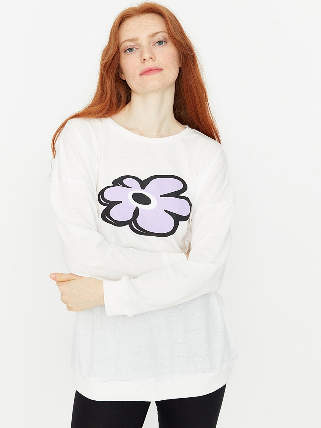 

Trendyol Round Neck Floral Printed Pure Cotton Night Suit, White
