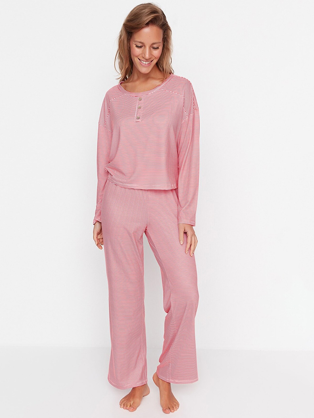 

Trendyol Round Neck Striped Night Suit, Pink