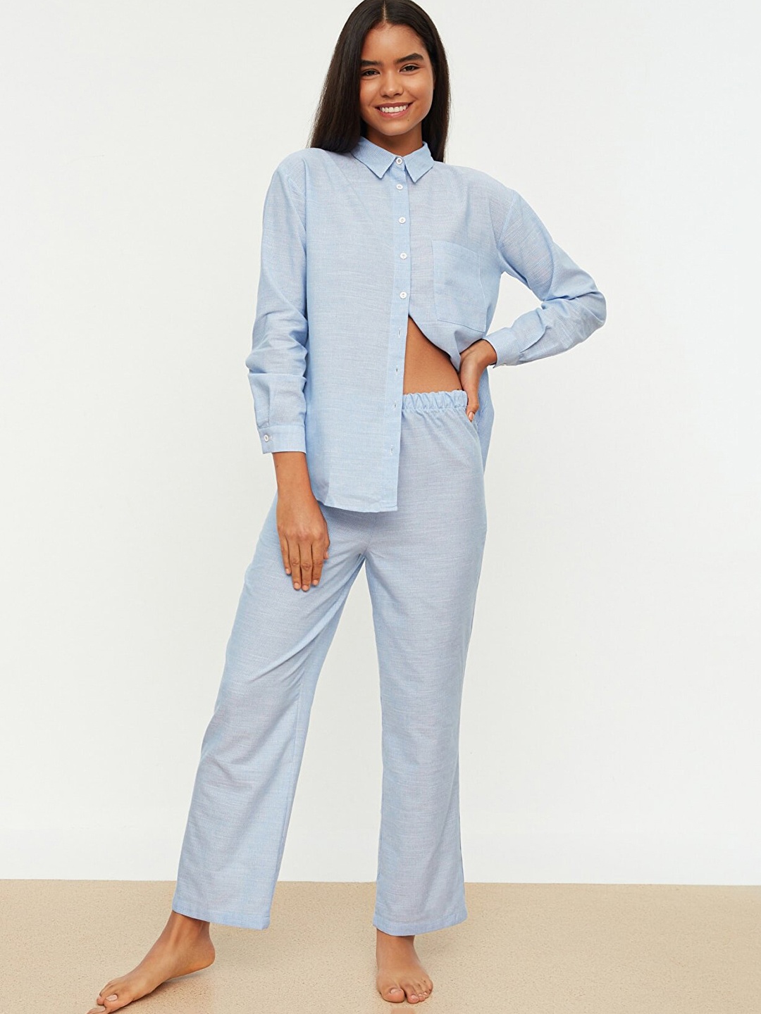 

Trendyol Shirt Collar Long Sleeves Night Suit, Blue