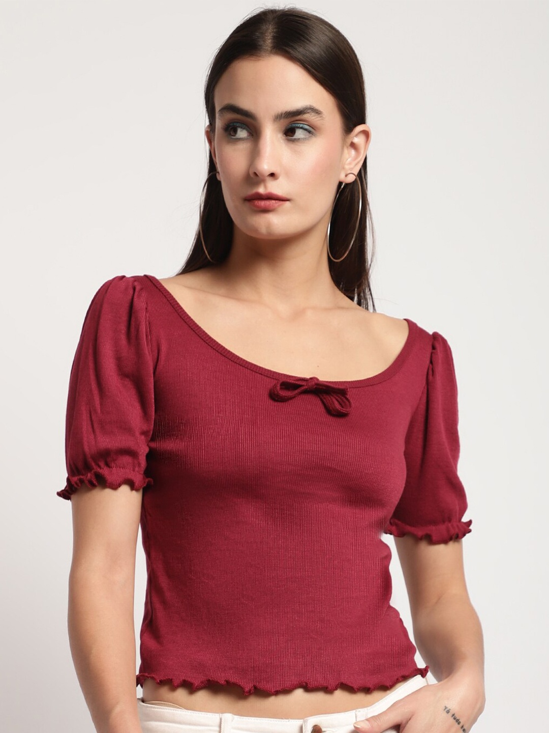 

Miaz Lifestyle Puff Sleeves Scoop Neck Cotton Top, Maroon