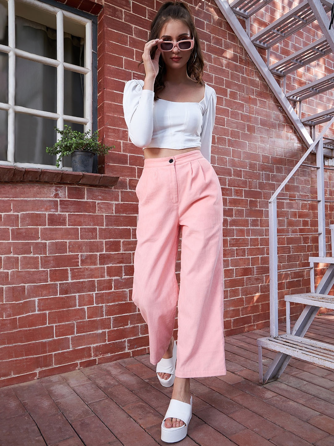 

Berrylush Women Relaxed Straight Leg Fit High-Rise Pure Cotton Parallel Trousers, Peach