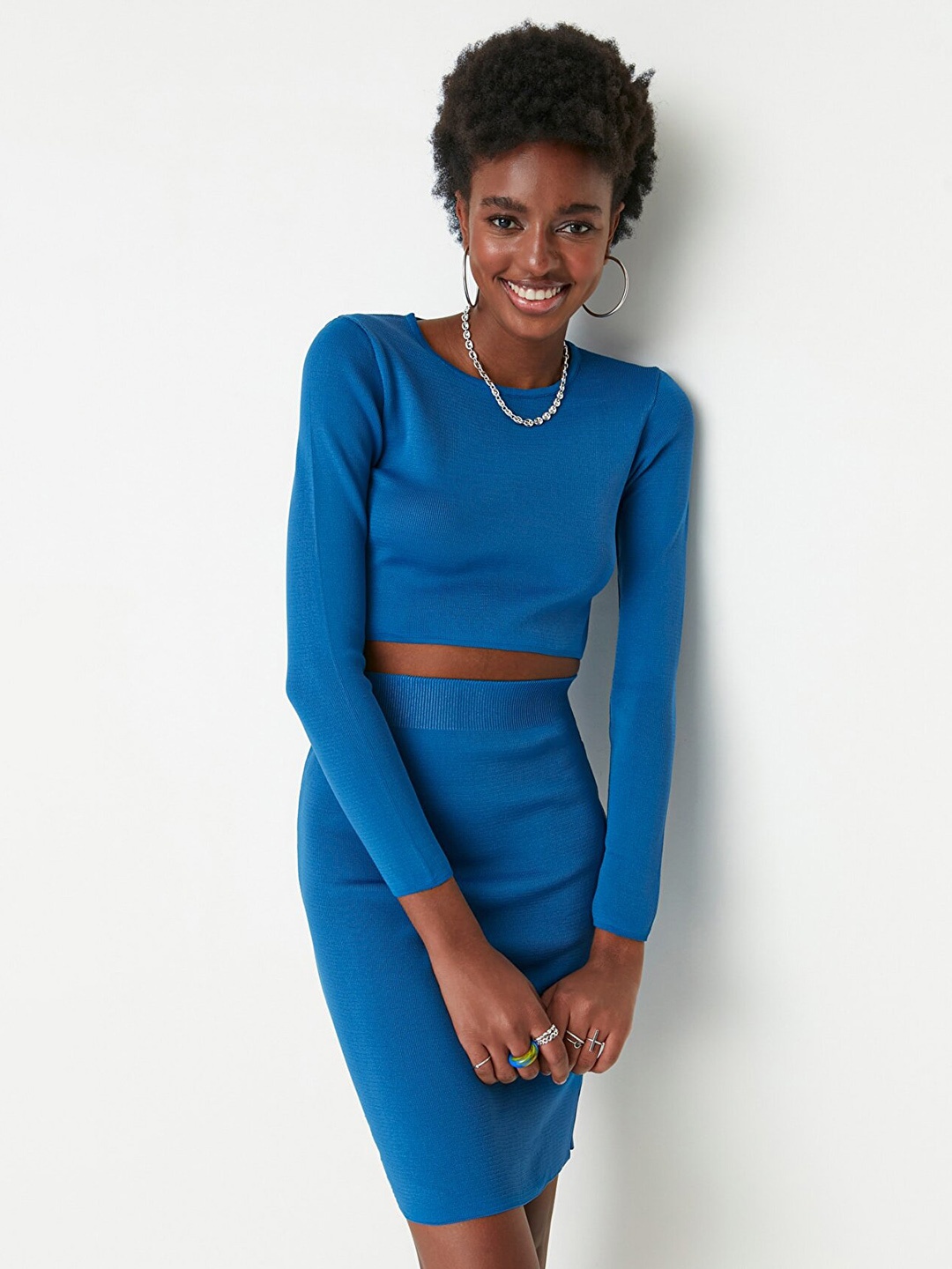 

Trendyol Long Sleeves Round Neck Knitted Top & Skirt, Blue