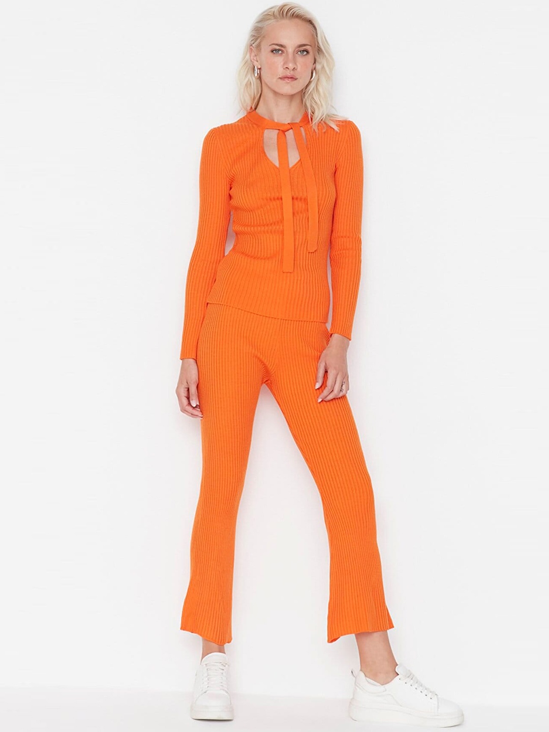 

Trendyol Long Sleeves Ribbed Knitted Acrylic Top & Trouser, Orange