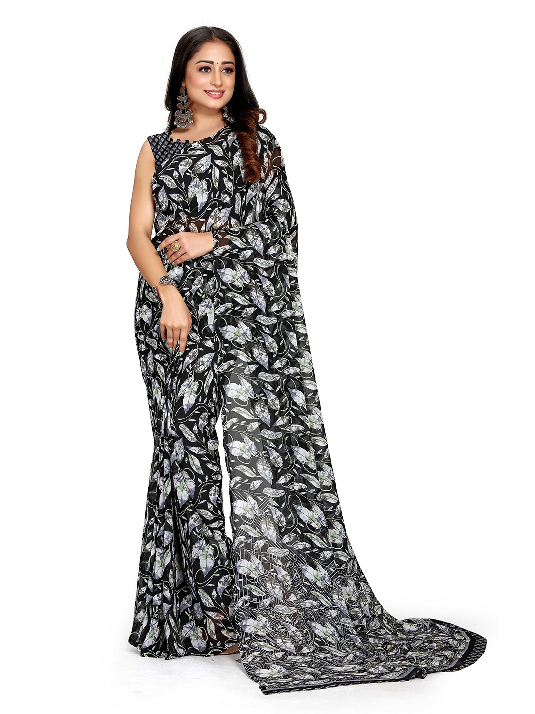 

Mitera Floral Printed Saree, Black